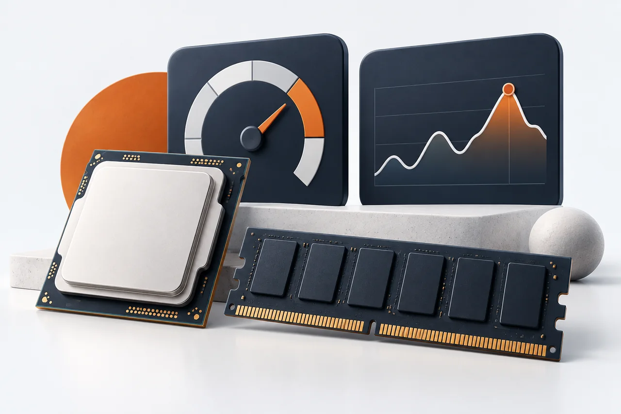 CPU ve RAM kullanımını anlatan işlemci, bellek ve ölçüm grafikleri