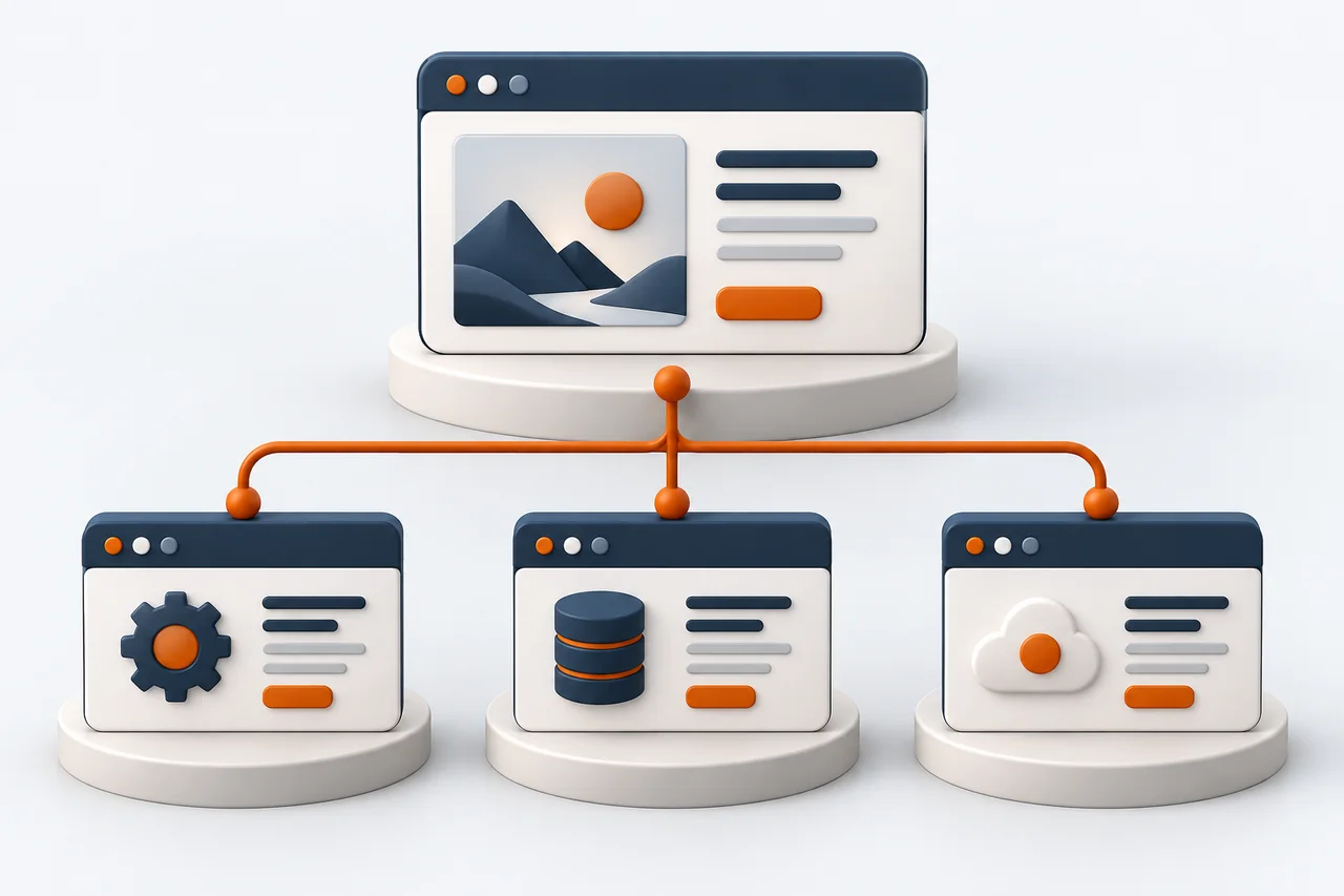 Ana web sitesine bağlı alt site pencereleriyle subdomain illüstrasyonu