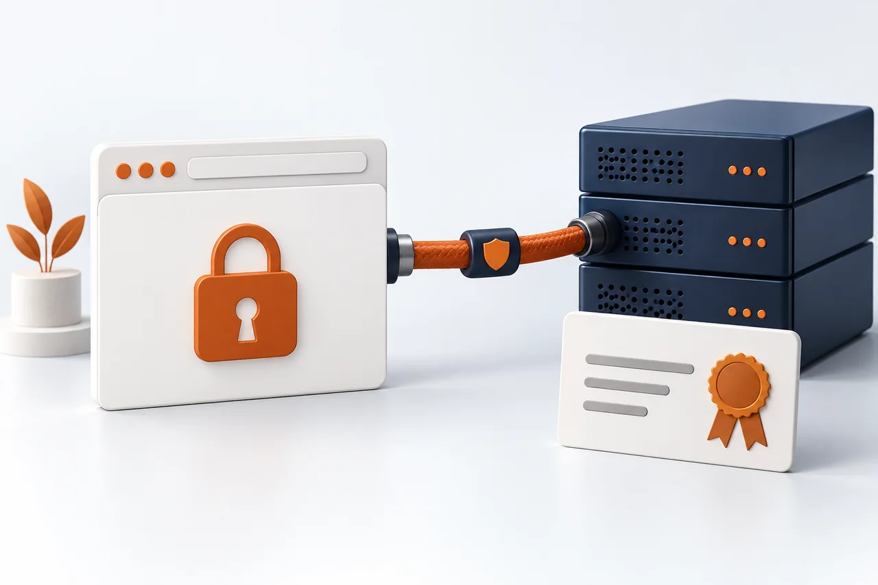 HTTPS bağlantısını anlatan kilitli tarayıcı, sunucu ve sertifika