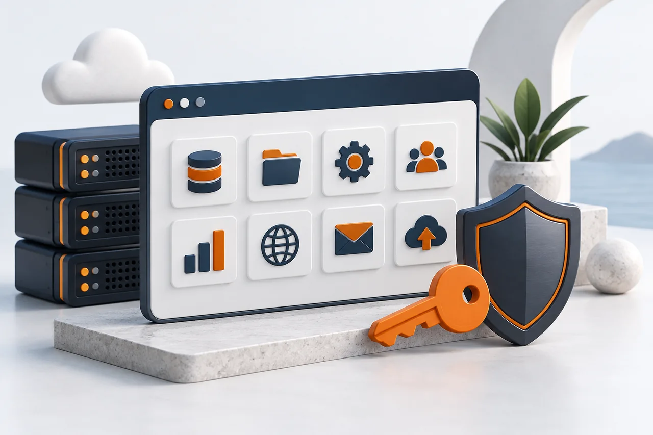 Hosting yönetimini anlatan kontrol paneli, sunucu ve anahtar