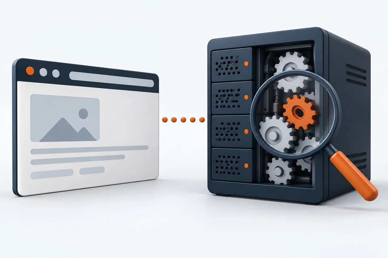 Sunucu hatasını araştıran büyüteç ve web sayfası