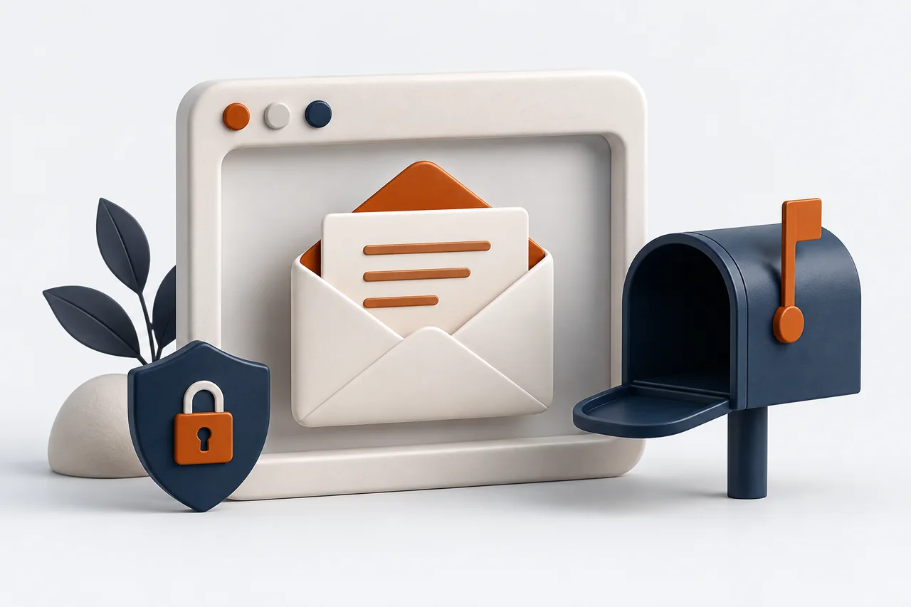 Webmail kullanımını anlatan kilitli posta kutusu ve zarflar