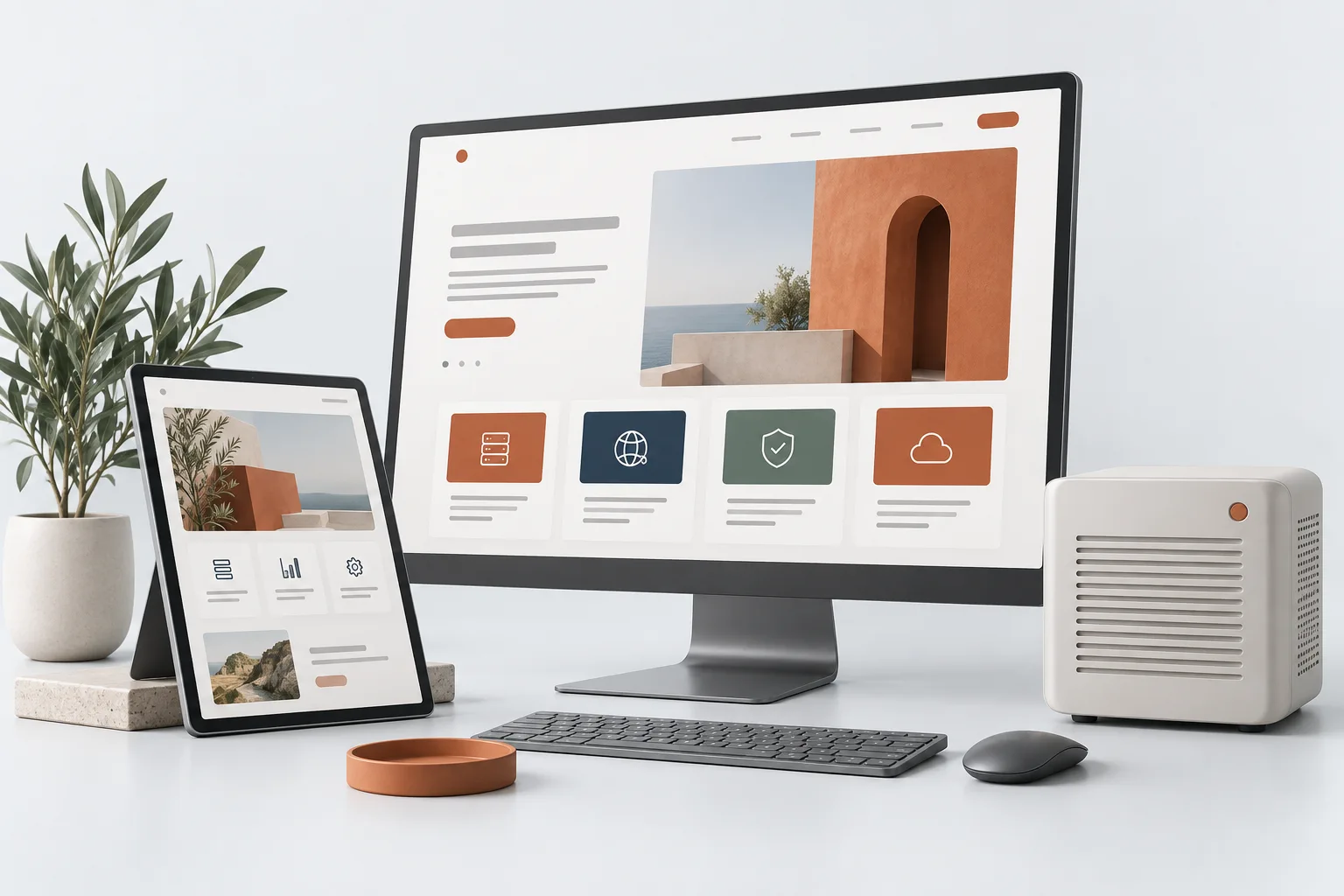 Web sitesi ve hosting projelerini temsil eden masaüstü ekran ve tablet